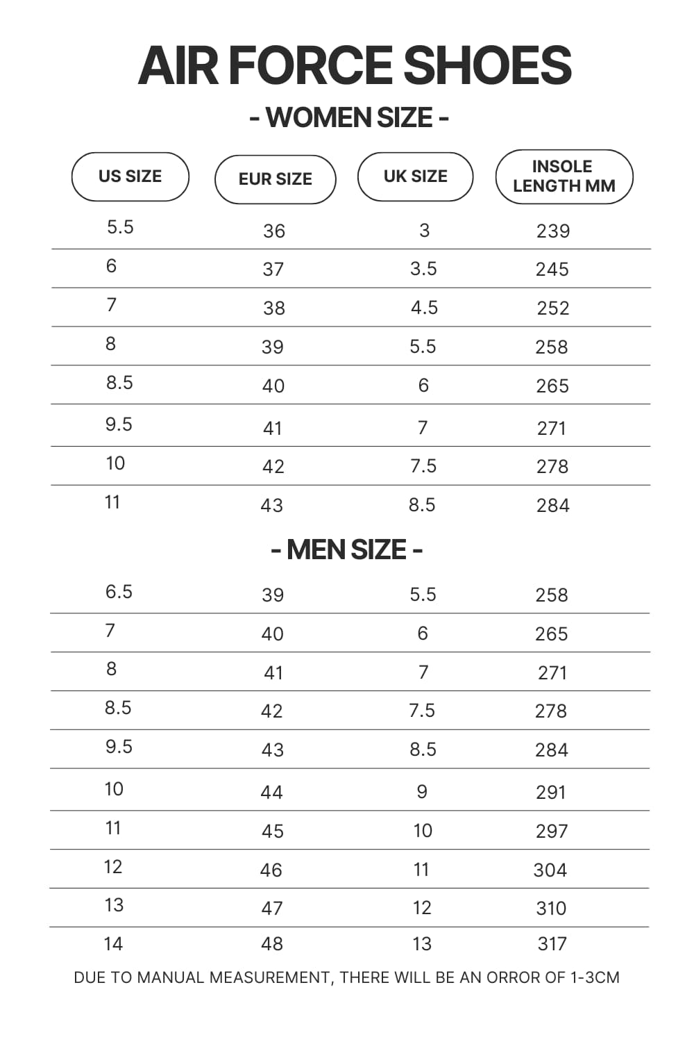 Air Force Shoes Size Chart - Princess Mononoke Store