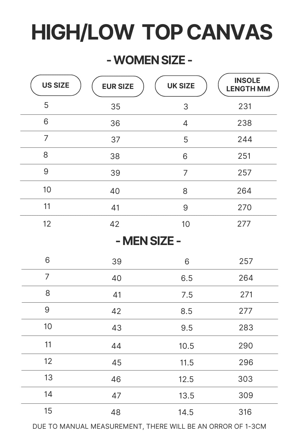 High Top Low Top Canvas Shoes Size Chart - Princess Mononoke Store