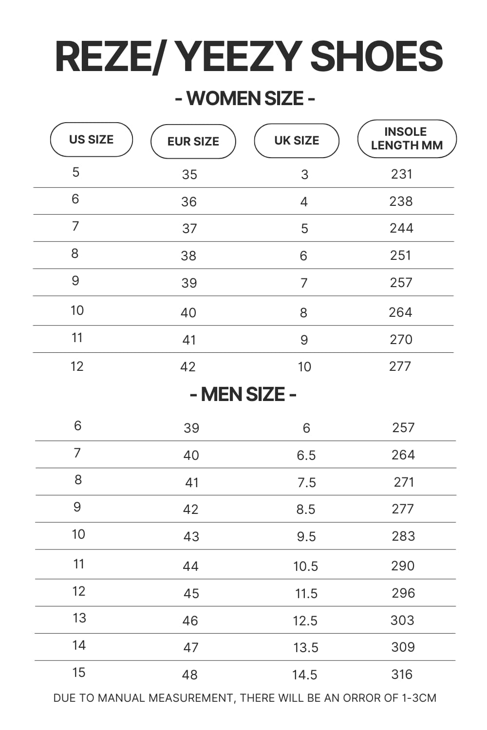 Reze Yeezy Shoes Size Chart - Princess Mononoke Store