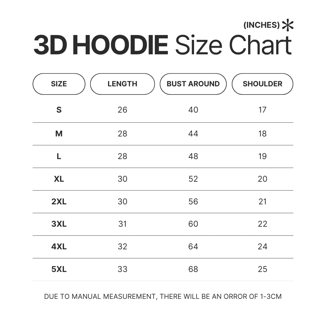 3D Hoodie Size Chart - Princess Mononoke Store